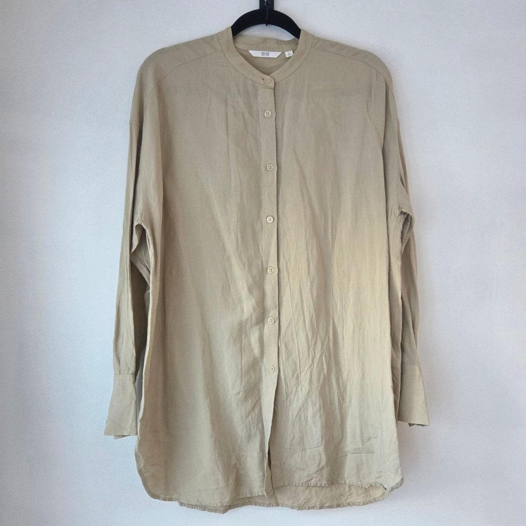Uniqlo Linen Blend Tan Beige Button Up Blouse Top Shirt Dress Women's S